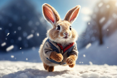 Happy Cute Rabbit: jumping in the snow on a spring morning. Cute fluffy rabbit against a spring morning backdropの素材