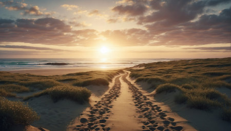 Path to the sunset beach. Magical sunrise over the oceanの素材