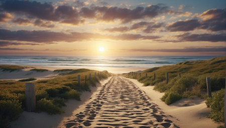 Path to the sunset beach. Magical sunrise over the oceanの素材