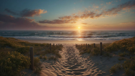 Path to the sunset beach. Magical sunrise over the oceanの素材