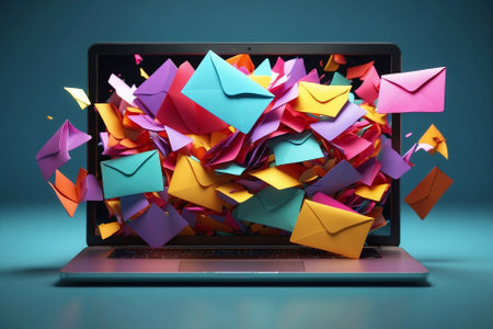 Email Correspondence Concept: colorful envelopes flying into a laptop screen. Internet Letters: vibrant envelopes against a laptop screen backdropの素材