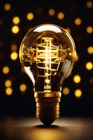 Electric Light Bulb with a Gear Mechanism Inside. Digital Art, Conceptual Art, Shiny, Golden Ethereal Light, Bokehの素材