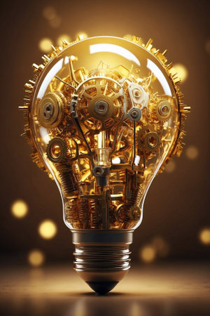 Electric Light Bulb with a Gear Mechanism Inside. Digital Art, Conceptual Art, Shiny, Golden Ethereal Light, Bokehの素材
