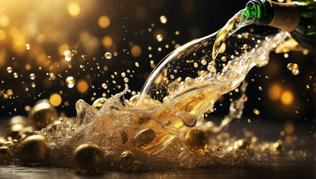 Champagne Splashes with Bubbles. Frozen Motion with Golden Glowの素材