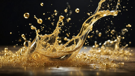 Champagne Splashes with Bubbles. Frozen Motion with Golden Glowの素材