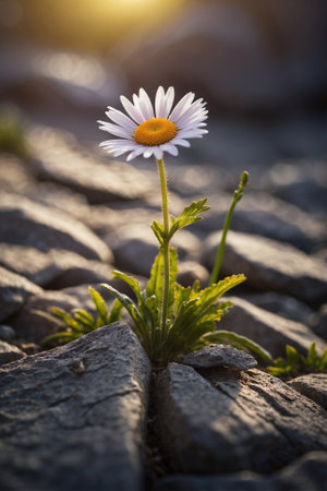Daisy on a rocky path: Beauty of nature. Flower backgrounds: Pastel shades.の素材