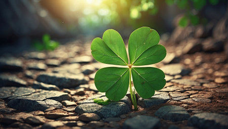 Four-leaf clover on a rocky path: Natural wonder. Clover backgrounds: Colorful rainbow.の素材