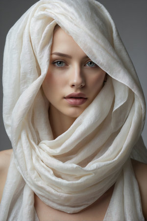 Woman with a white silk scarf and shawl: Elegant beauty. Professional makeup and silk fabrics: Tender style.の素材