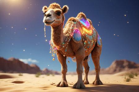 Cute baby camel in the desert: Oasis of hope. Sand dunes: Magical landscape.の素材