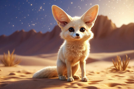 Cute fennec fox in the desert: Starry baby. Endless sparkling desert: Magical sandy sea.の素材