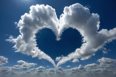 Heart-Shaped Cloud in the Middle of Blue Sky, Romance, True Love, Love Confession: I Love You, Greeting Card. Love Declaration: Heart-Shaped Cloud on Bright Sky Background, Happy Moment, Sincere Feelings, Valentine's Day, Greeting Cardの素材