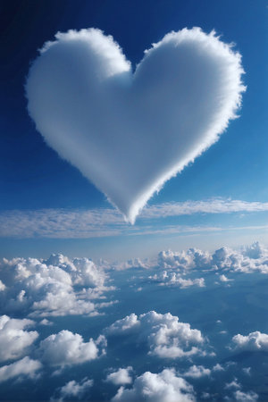 Heart-Shaped Cloud in the Middle of Blue Sky, Romance, True Love, Love Confession: I Love You, Greeting Card. Love Declaration: Heart-Shaped Cloud on Bright Sky Background, Happy Moment, Sincere Feelings, Valentine's Day, Greeting Cardの素材