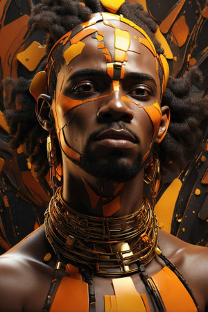 Face of an African warrior with traditional patterns and adornments. Portrait of an African man with traditional face painting and ornamentsの素材