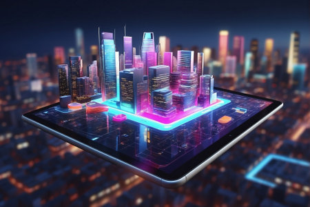 Tablet hovering in the air with the screen up. City business center growing out of a tablet screen. The city of the future advanced technology. Future of technology: tablet and digital cityの素材