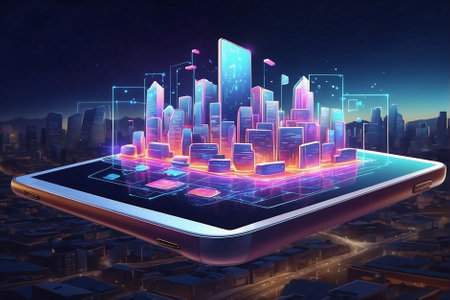 Tablet hovering in the air with the screen up. City business center growing out of a tablet screen. The city of the future advanced technology. Future of technology: tablet and digital cityの素材