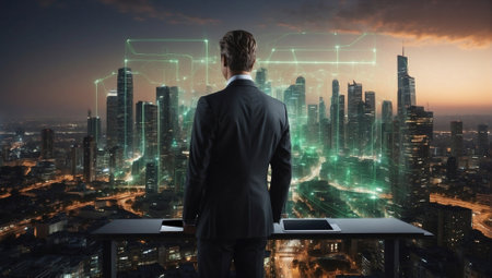 Man in a suit with a tablet and cityscape: innovative technologies for a smart city. City development plan and artificial intelligence: cybercity of the futureの素材