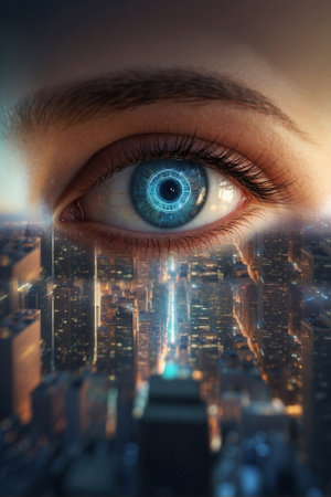 Cyberpunk gaze: digital world in a human eye. Binary symphony: glowing code in a close-up of a face, close-up of a beautiful female human eye with an image of a digital city in the backgroundの素材