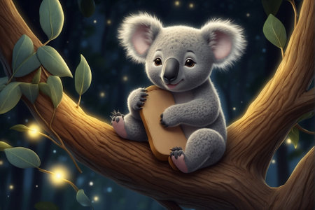 Magical koala in the darkness of eucalyptus forest. Cute little koala on the sandy shoreの素材