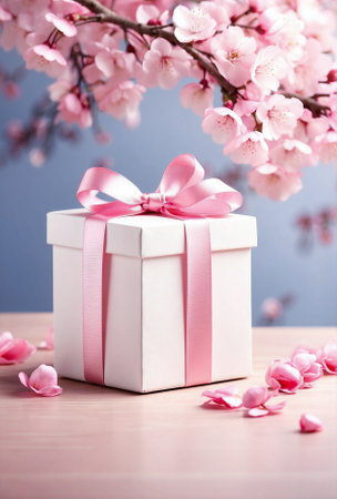 White Gift: White Box with Pink Shiny Ribbon on Pink Table. Spring Contrast: Cherry Blossoms with Beautiful Spring Backlight.の素材