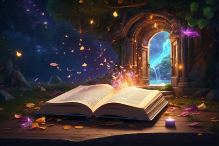 Open Magical Book on the Table, Illuminated Lights. Whirling Magic of Nature, Magical Doorway.の素材
