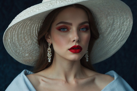 Chic and Beauty: Woman in Big White Hat with Stylish Elegant Dress. Magnificent Portrait: Perfect Makeup, Porcelain Smooth Skin, Red Lips, and Blue Soft Eyeshadow.の素材