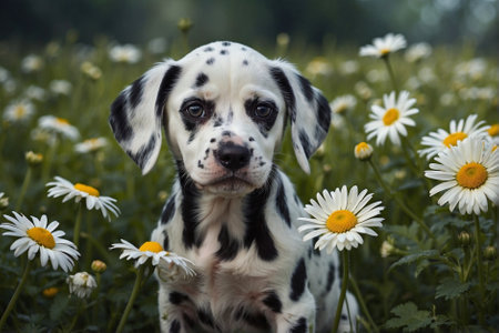 Cute Dalmatian Puppy Among Daisy Flowers. Adorable Face of a Little Dalmatianの素材