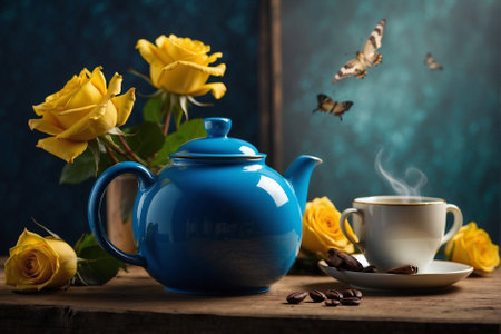 Forest Magic: Blueberries and Green Tea in a Glass Cup. Tea Rain: Green Freshness with Blueberriesの素材