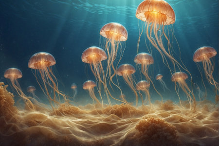Jellyfish Floating in Water: Ultra-Realistic Digital Rendering of Underwater World in Greenish Tones. Realistic Underwater World Scene: Jellyfish in Ultra-Realistic Digital Rendering with Greenish Tonesの素材