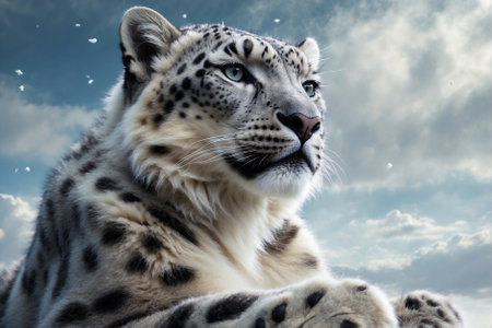 Snow Leopard Sitting on Top of Cloudy Sky, Long Wavy Fur, Softly Whirling Magical Energy. Portrait of a Snow Leopardの素材