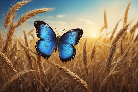 Blue Butterfly on Top of a Cereal Field. Colorful Butterfly on a Flower Fieldの素材
