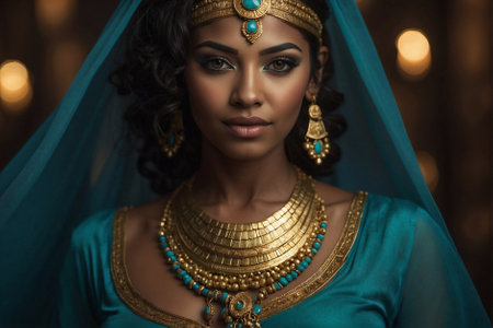 An Egyptian woman in a blue dress and gold jewelry. Egyptian art: a woman in a national costumeの素材