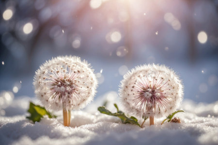 White Dandelions on Snowy Ground: Sparkling Silver and Soft Glowing Lights.の素材