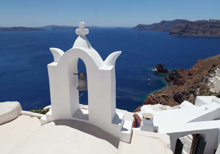 Beautiful view of famous Greek churches in the mediterranean island of Santorini.の写真素材