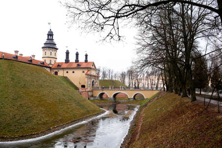 Niasvizh castle  The moat and bridge the entrance to the building のeditorial素材