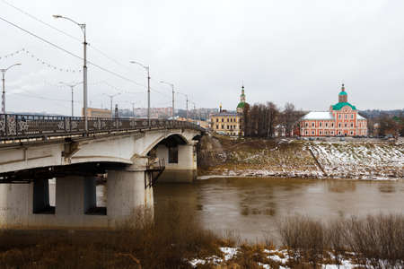 View to the bridge and church  Winter  Smolensk  Russia の写真素材
