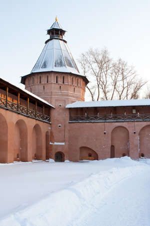 Tower and wall of medieval Spaso-Evfimevsky Monastery in Suzdal  The Golden Ring of Russiaの写真素材
