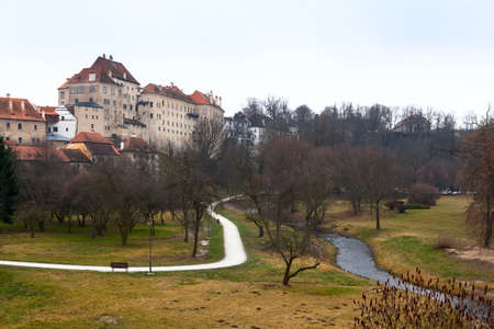 View over the old Town of Cesky Krumlov, Czech Republicの写真素材