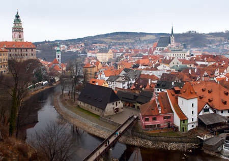 Aerial view over the old Town of Cesky Krumlov, Czech Republicの写真素材
