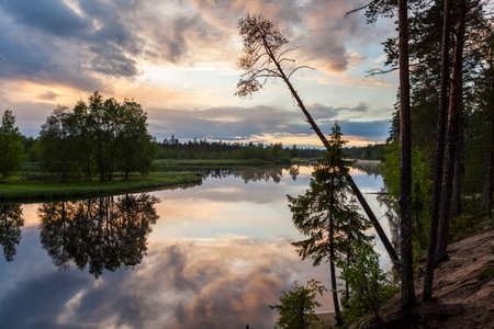 Nature of Russia. The Republic of Karelia. Islands on the horizon. Wild nature. Calm on the lake. Chirka-Kem river.の写真素材