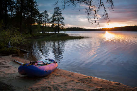 Nature of Russia. The Republic of Karelia. Islands on the horizon. Wild nature. Calm on the lake. Chirka-Kem river.の写真素材