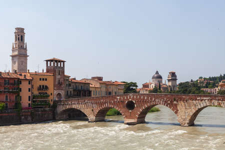 Verona city landscape. Beautiful Verona view with Pietra Bridge and Adige River. VERONA, ITALY.の写真素材