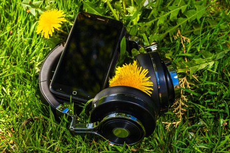 Wireless bluetooth travel headphones and smartphoneの写真素材