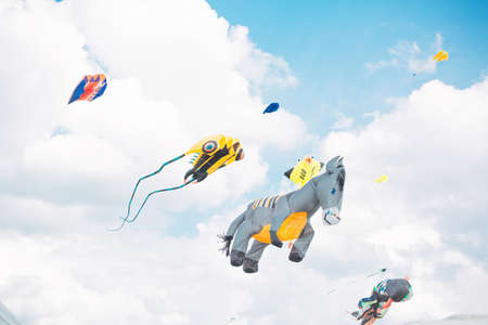 festival of kites, kites in the sky on a sunny day. Various kites flying on the blue sky