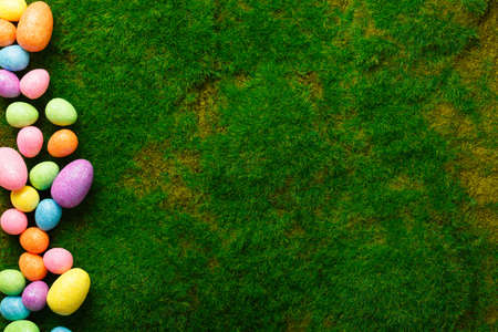 easter composition top view. colored easter eggs