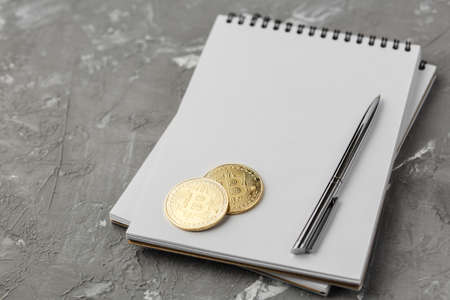 bitcoin on a notebook, coin bitcoin on a table, a lot of free space