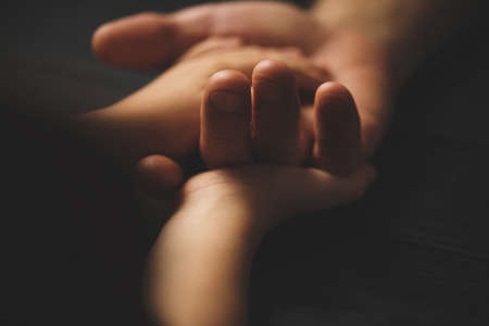 Adult hands holding kid hands, Family Help Care Concept, small hands in fathers hand.の写真素材