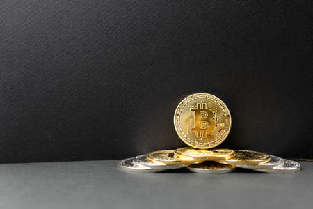 bitcoin on a black background, coin bitcoin on the table, a lot of free spaceの写真素材