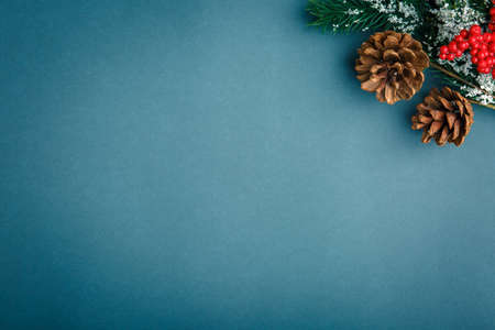 Christmas branches in the center on a background with ornaments, Christmas conceptの写真素材