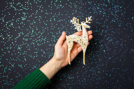 Christmas decorations on the hands, flat lay on a starry backgroundの写真素材