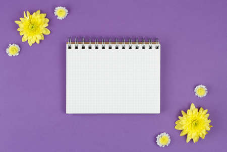 Top view of a open notebook, spiral notepad with blank sheet with Yellow chrysanthemum and white...
